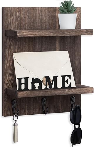 Miniatura 8 de Soporte de pared para llaves, decoración de estante de correo con 3 ganchos para llaves, organizador de pared de madera versátil para entrada y