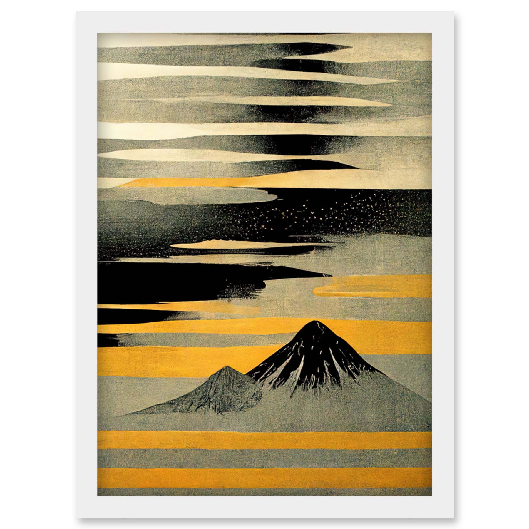 Artery8 Modern Mount Fuji Painting - Silver Grey Black Gold Artwork - Framed Wall Art Print A4