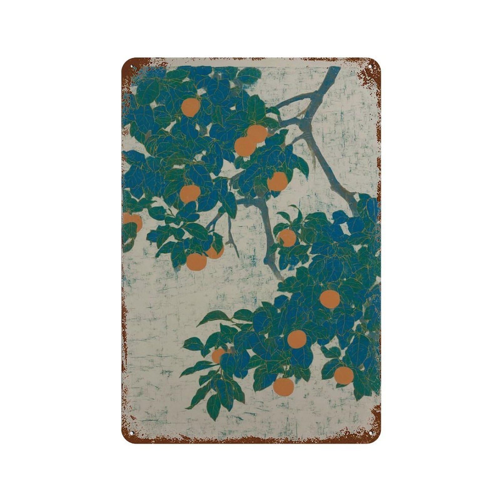 xiaoxiaoshen Persimmon Orange Fruit Botanical Japanese Style Nature Wall Decor Art Metal Tin Poster Modern Home Decor Art Home Bar Shop Decorations Vintage Sign 30x20cm