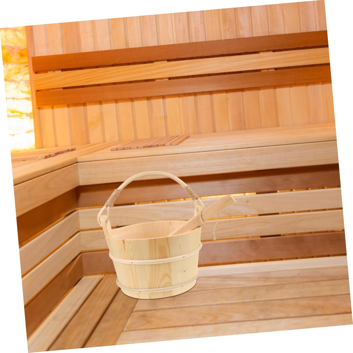 Sosoport Classic Wooden Sauna Bucket Luxury Sauna Accessories Set Pine Wood Bucket Ladle for Bath