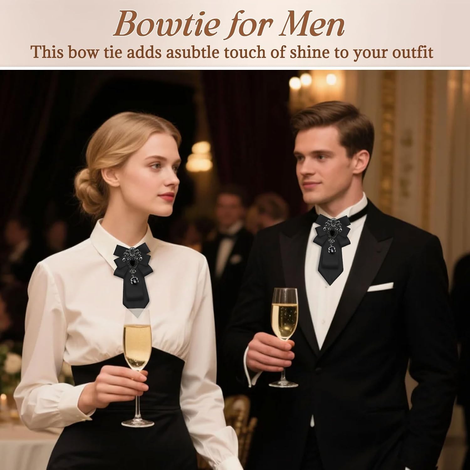 LJBFNN Bow Ties for Men Rhinestone Womens Tie Vintage Adjustable Clip On Bowties Men for Shirt Suit Blouse Dinner Party
