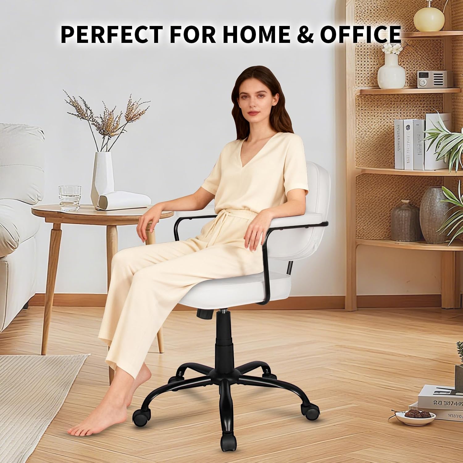 Vigosit Small Desk Chair with Arms & Wheels, 360° Swivel Adjustable Vanity Chair with Wheels, Compact Rolling Task Chair for Home Office, Bedroom, Study，Dressing Table