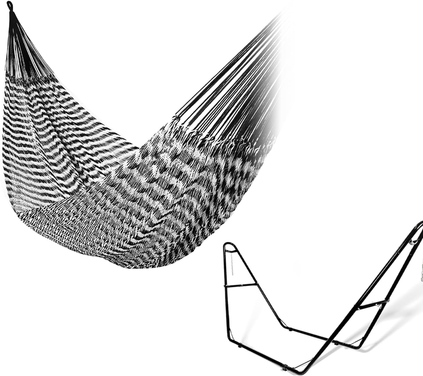 Handwoven Mayan Hammock with Stand - Breathable Open Weave for 1-2 Adults, Portable with Carry Bag by Bathonly (Backyard, Camping, Beach) - Black/White