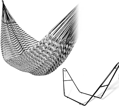 Handwoven Mayan Hammock with Stand - Breathable Open Weave for 1-2 Adults, Portable with Carry Bag by Bathonly Backyard, Camping, Beach - Black/White