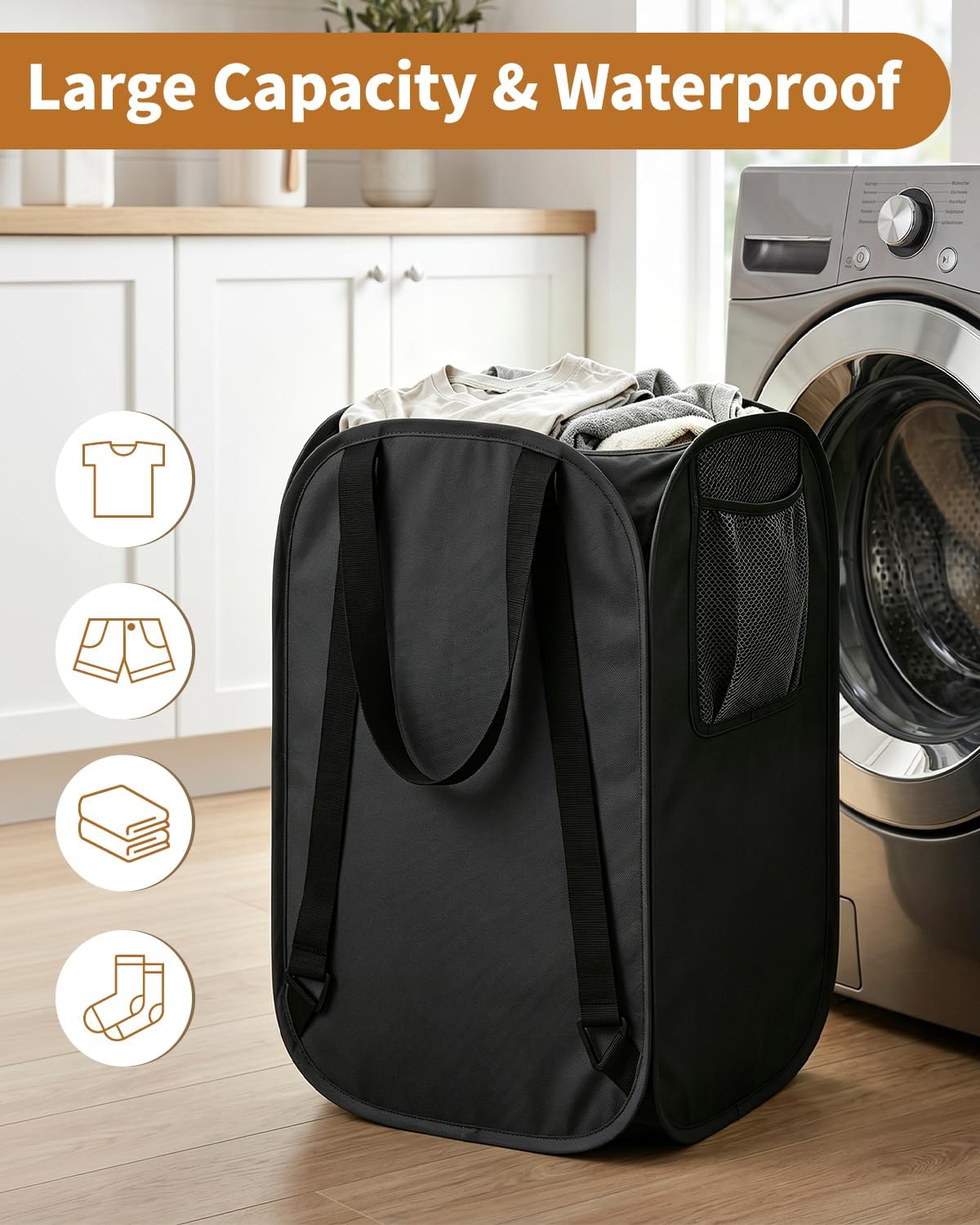 House Again 76L Laundry Backpack, 210D Oxford Heavy Duty Laundry Bag Backpack with Adjustable Shoulder Straps, Foldable Laundry Bag for College Dorm and Travel, Black