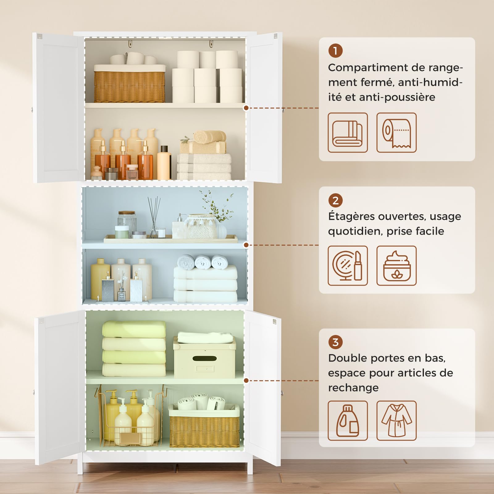 ELUCHANG Meuble Colonne de Salle de Bain, Armoire Haute Cuisine avec 2Étagères Réglables et Ouvertes, 4 Portes, Meuble de Rangement pour Salon, Cuisine, Salle de Bain, 60x30x180 cm