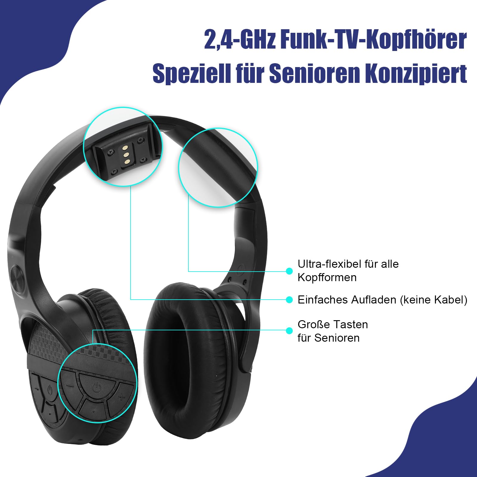 Kabellose TV-Kopfhörer für Senioren mit Großen Tasten, 2,4G Sender-Ladestation, Unterstützung Optischen/RCA/AUX-Ausgang Bluetooth-Over-Ear-Kopfhörer mit 3EQ-Modi, 30m Reichweite keine Audioverzögerung