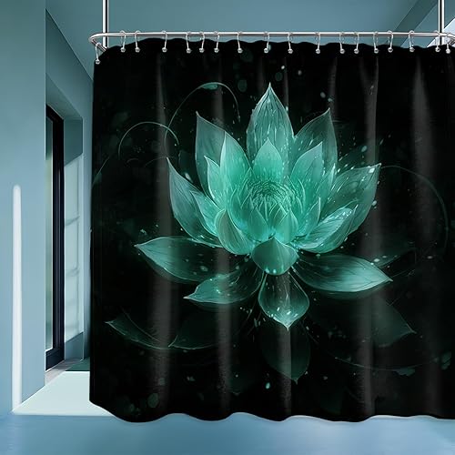 Miniatura 58 de Cortina de ducha negra y dorada con flores de loto amarillo dorado para juegos de decoración de baño, tela impermeable con ganchos, 70 x 72 pulgadas