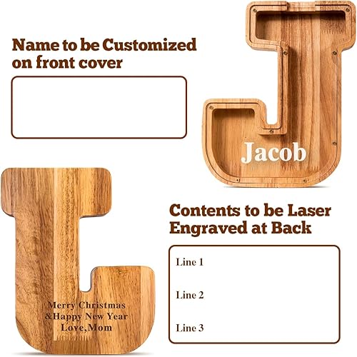 Miniatura 537 de SummiDate Alcancía de madera con nombre, niños y niñas, tamaño grande, letras alfabeto A-Z, monedas y billetes, inicial en cubierta transparente