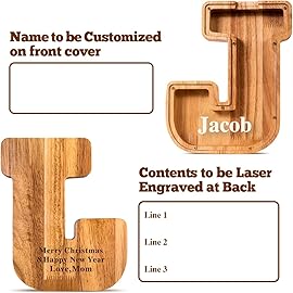 Summidate Customized Name Large Wooden Piggy Bank for Kids Boys Girls Alphabets Letter A-Z Coins Bills Money Change Bank Box Initial on Clear Cover (Laser Engraved) (Alphabet-J, 9)