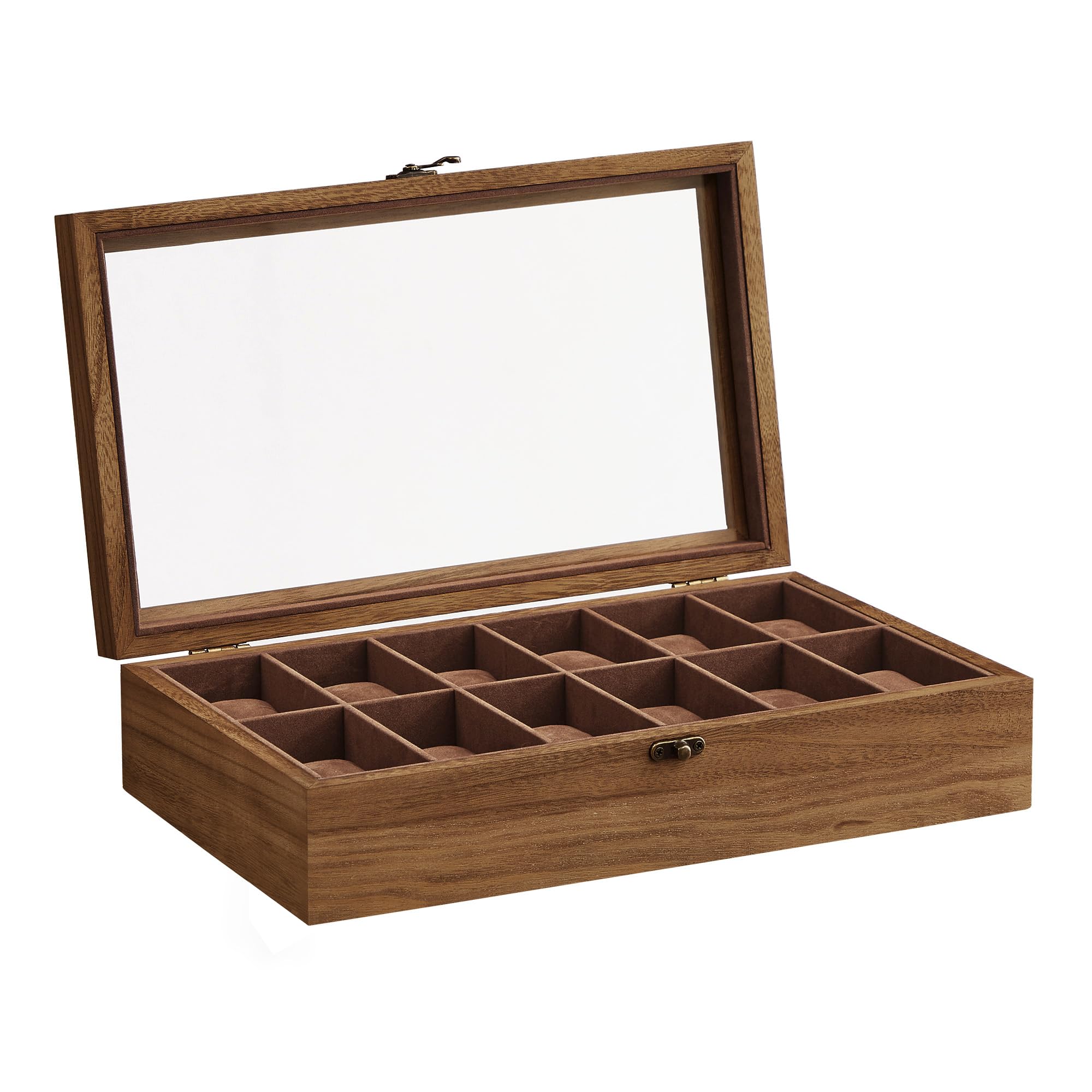 SONGMICS Uhrenbox mit 12 Fächern, aus Massivholz, mit Glasdeckel | Uhrenkasten, Uhrenkissen, Geschenk für Ihre Liebsten, walnussfarben, ANICIA Kollektion JOW120K01
