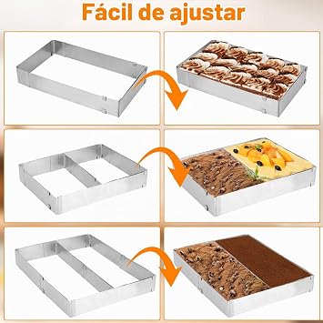 Adjustable Cake Mousse Mould, Stainless Steel Cake Mould, Rectangular Cake Mould with Divider and Scraper, Extendable Mould for Cake, Mousse, Tiramisu