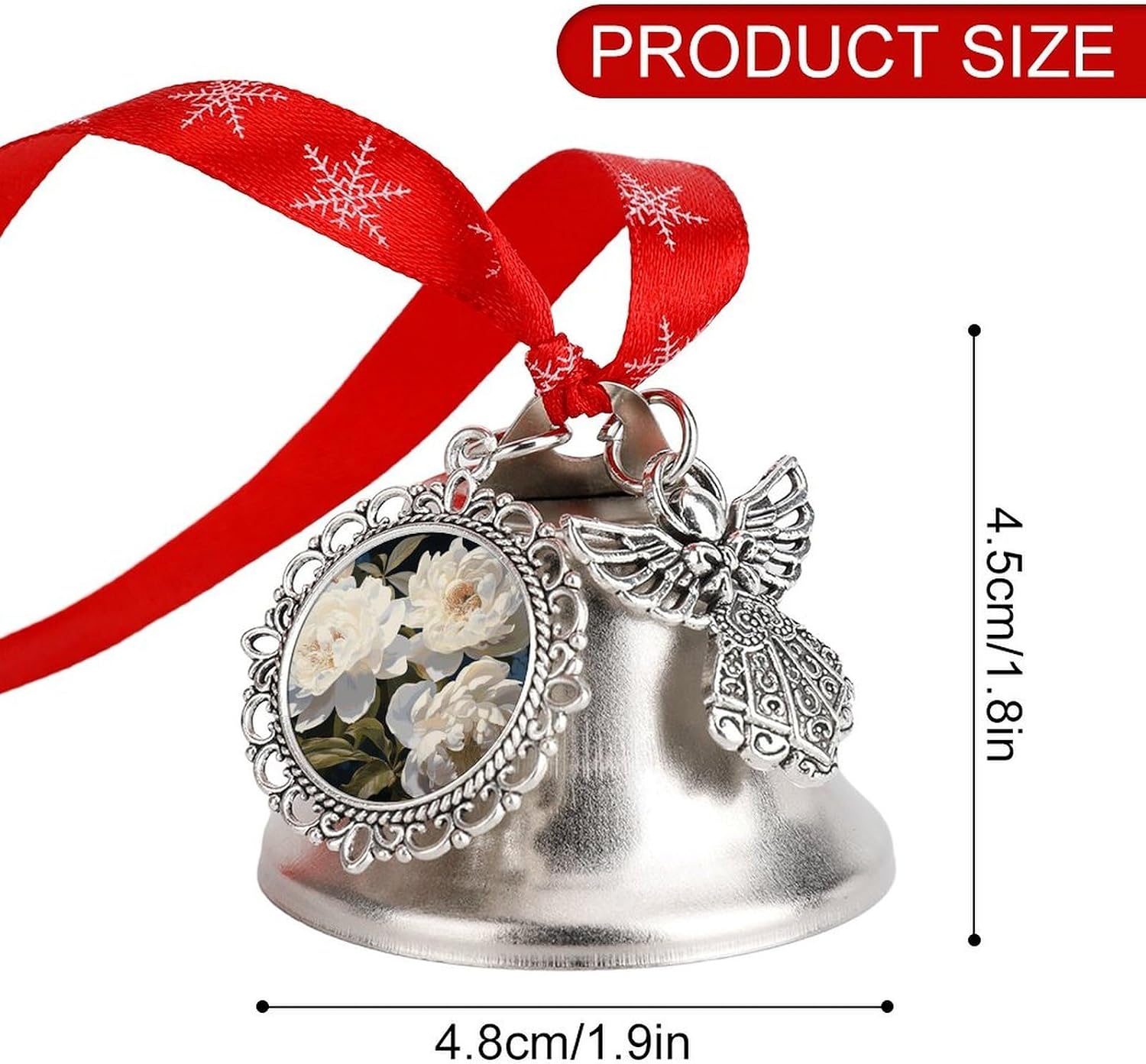 White Peony Christmas Bell Ornament Metal Christmas Jingling Bell Vintage Bells for Xmas Tree Decors Wings & Loves Bells Ornaments for Holiday Decor