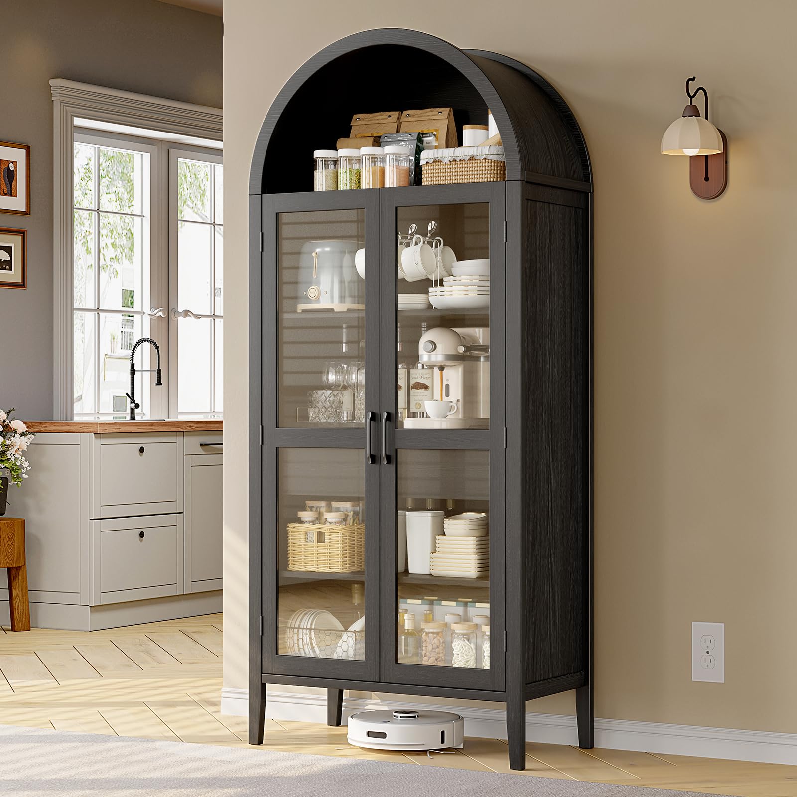 ONBRILL 71" Tall Arched Cabinet, 5-Tier Arched Kitchen Pantry with Glass Doors & Drawer, Modern Display Pantry Cabinets with Adjustable Feet, Wooden Pantry for Kitchen, Living & Dining Room, Black