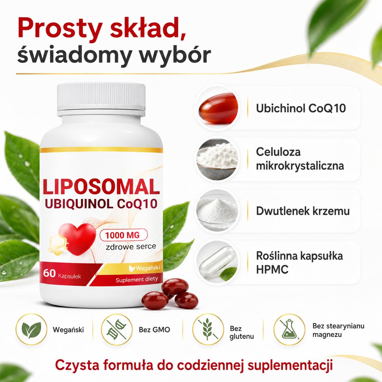 Liposomalny Ubichinol CoQ10 Kompleks 1000mg - Aktywny Koenzym Q10 Suplement - Wegańskie Kapsułki o Wysokiej Przyswajalności - 60 Sztuk