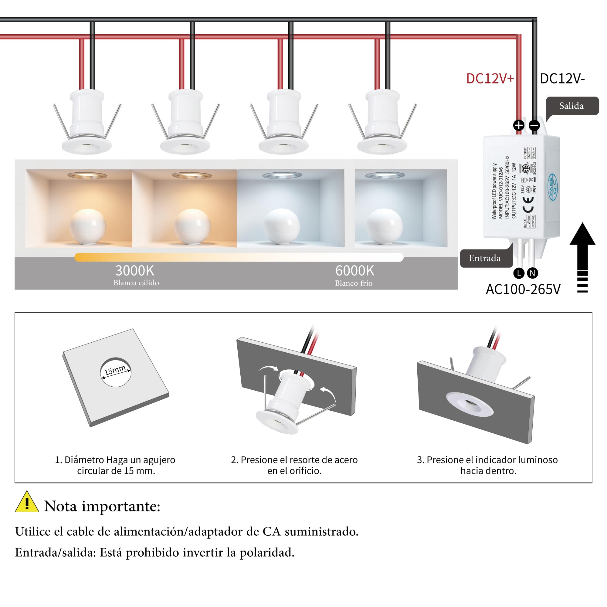 9 uds Mini Foco LED 12V 1W, IP65 Impermeable Small Spot Lights Empotrable, 15mm Downlight Spotlight Exterior Escaleras Pasillos Para Vitrinas Cuadros Pequeños Ducha Nicho Techo(Blanco Cálido 30°)