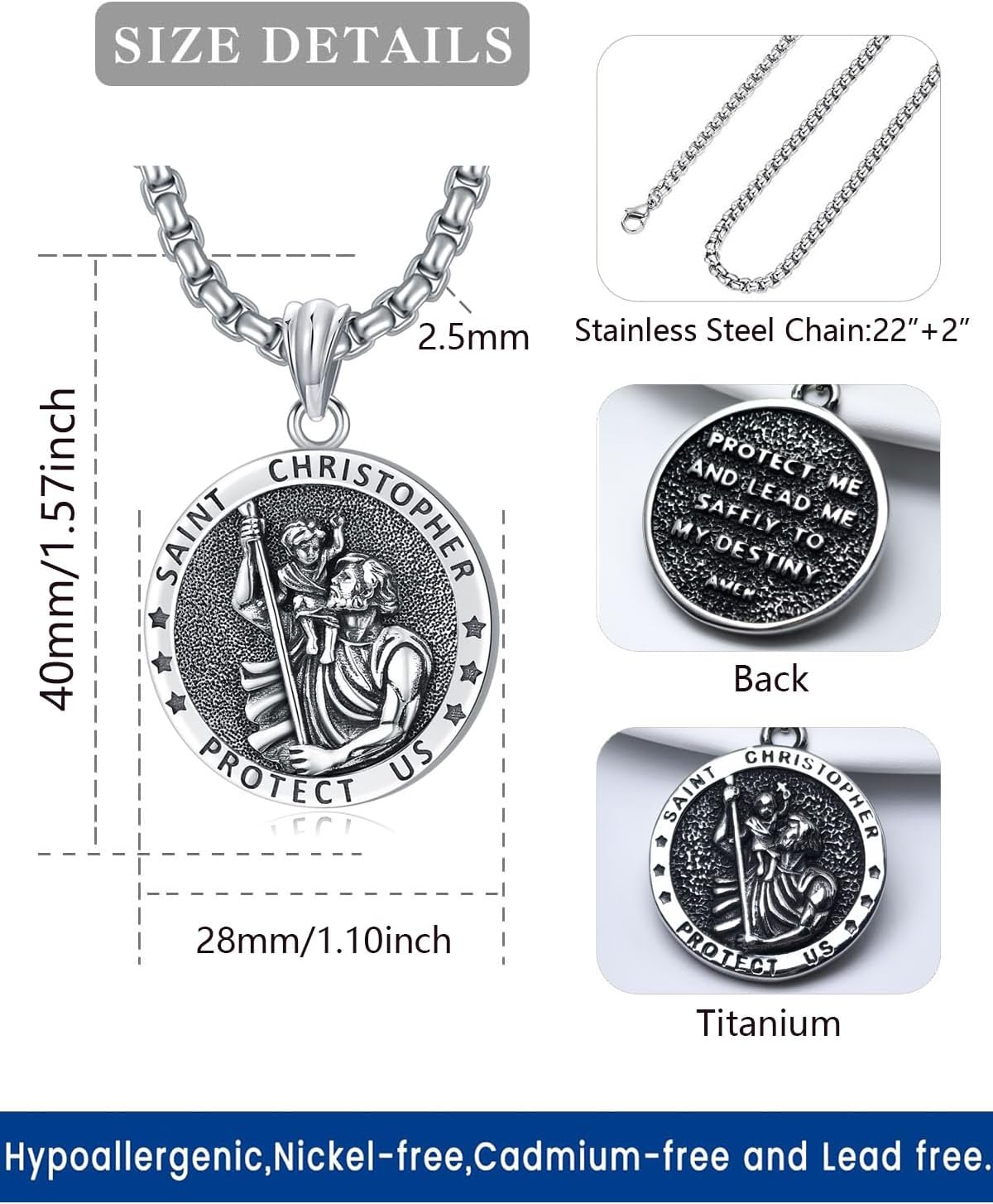 Wasee St Michael/St Christopher Medal Pendant Necklace for Men Religious Amulets Jewelry Gifts with 22"+2" Rolo Chain