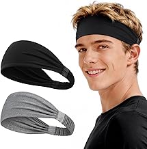Men's Hair Band, Breathable and Absorbent Sports Headband, Elastic Non-Slip Hairband Unisex for Sports, Gym, Running, Black, Grey, 2 Pieces