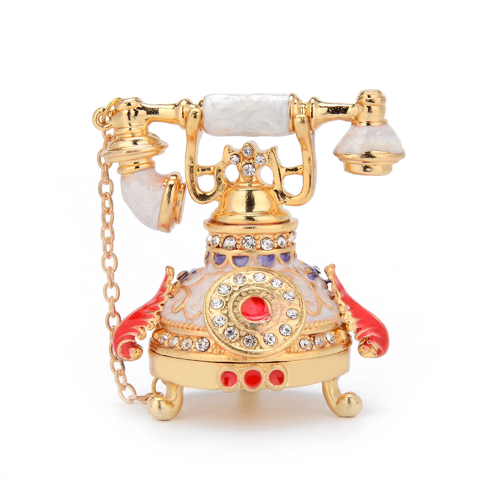 QIFU Vintage White Telephone Style Enameled Trinket Box Hinged, Unique Gift for Family