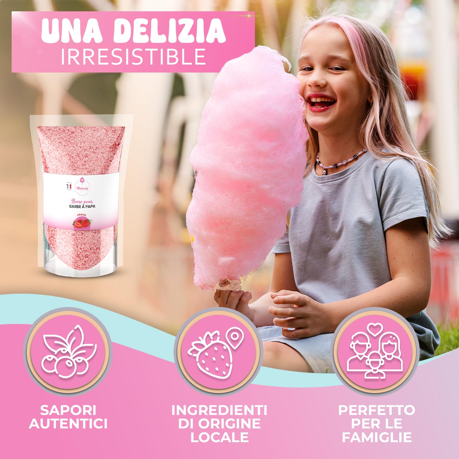 Misskandy, zucchero filato per macchina/lotto da (6 * 160g) / aromi: fragola, marshmallow, pina colada,mela, cola, lampone + 20 bastoncini