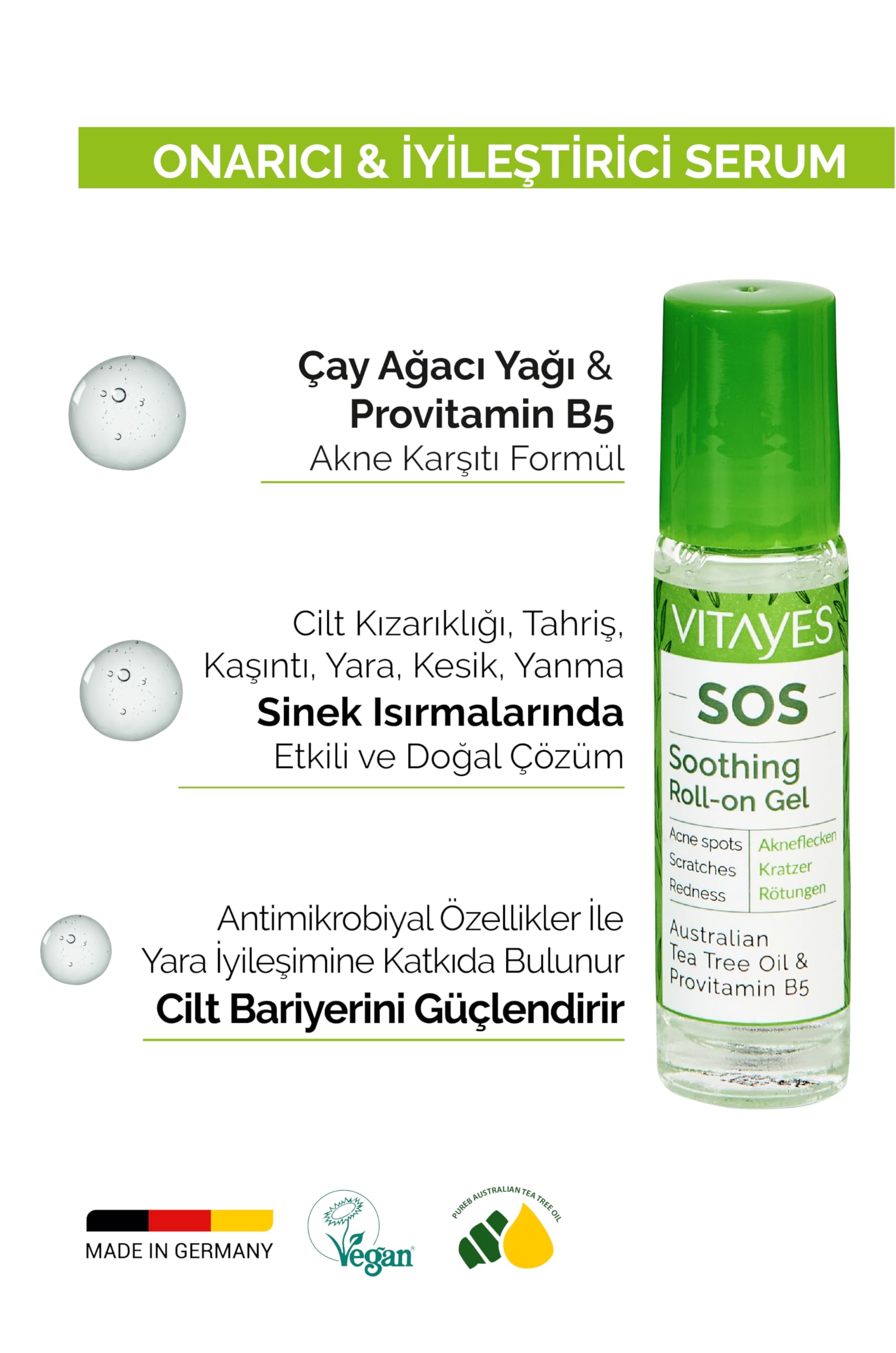 Vitayes SOS BIO Huile essentielle d'arbre à thé 3 x 10 ml – Huile essentielle contre les boutons, l'acné et les imperfections – Stylo roll-on avec vitamine B5 – Végétalien et sans cruauté envers les
