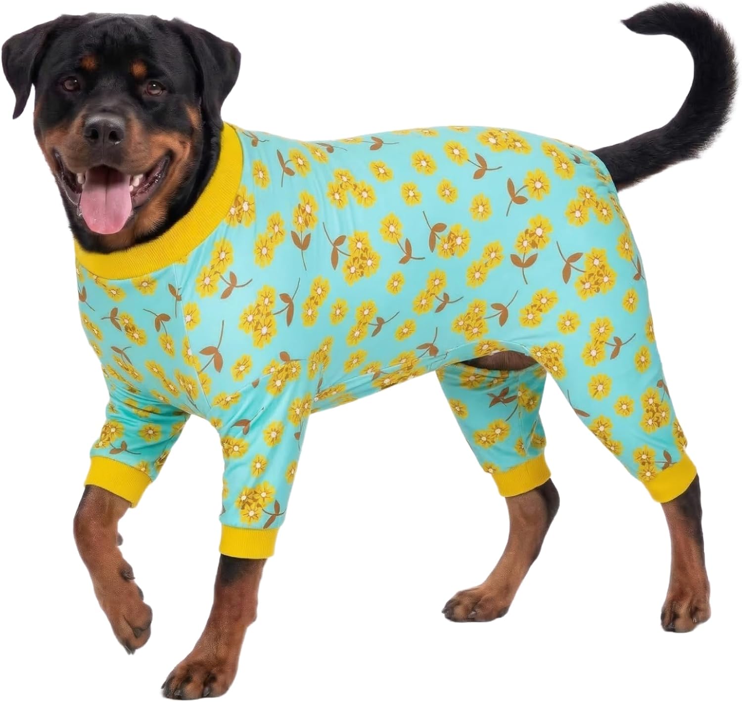 LovinPet Large Dog Pajamas Pitbull - Pet Anxiety Relief, Sun Protection Dog Pajamas, Comfy Stretchy Fabric, Mint Flower Print, Pitbull Clothes, Pitbull Onesie, Large Breed Apparel,Yellow XL