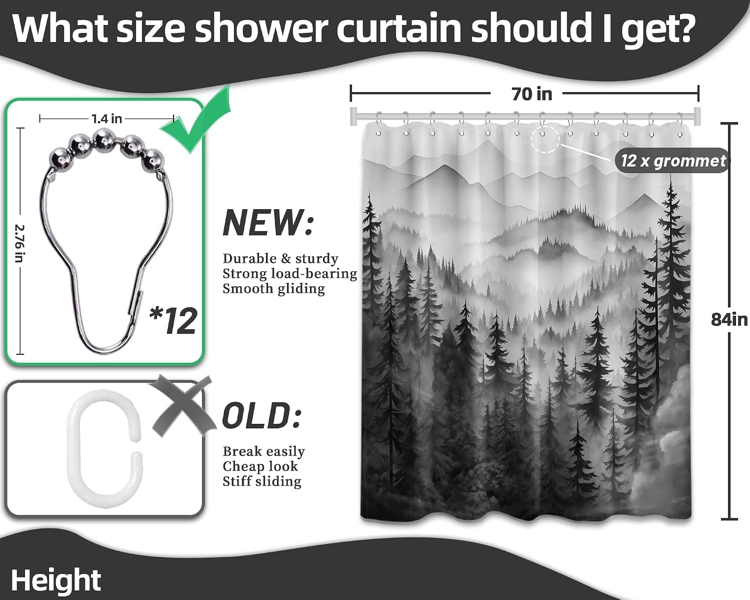 Black and White Forest Extra Long Shower Curtain, Tall 72X84 in, Mens image 5