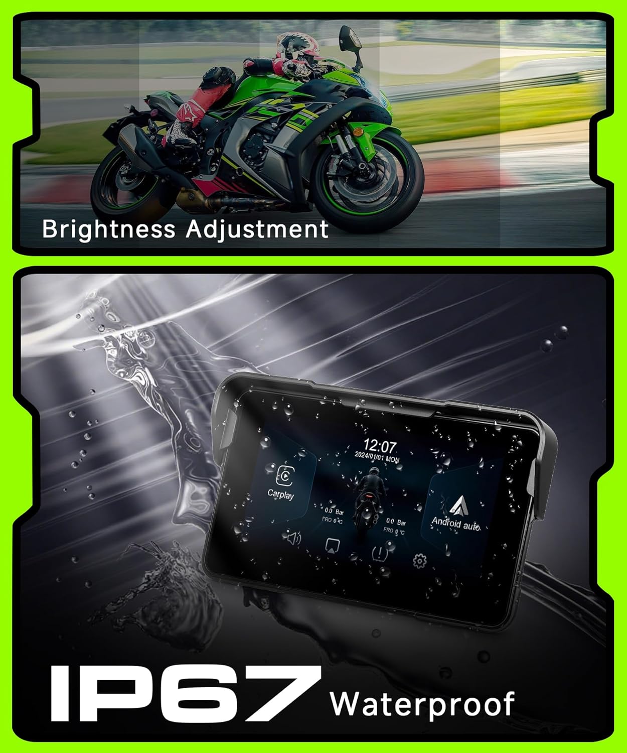 Motorcycle CarPlay Screen 5 Inch Wireless Carplay Android Auto for Motorbike with Removable Bracket, Waterproof Touchscreen, Supports GPS Navi, IP68 Waterproof for Motorbike, Voice Control