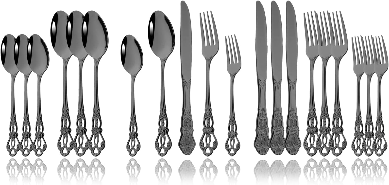 JASHII 304 Stainless Steel Flatware Set Royal Antique Style Eating Utensils 20pcs Service for 4 Black Tableware With Knife Spoons Forks Set, Mirror Polished, Dishwasher Safe