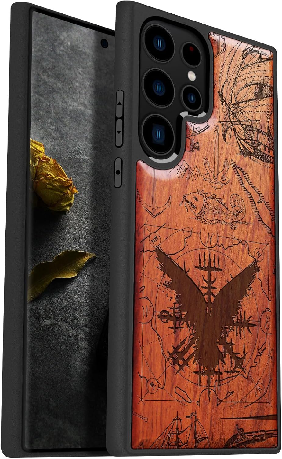 Carveit Wood Case for Galaxy S23 Ultra Case [Natural Wood & Black Soft TPU] Shockproof Protective Cover Unique Wooden Design Compatible with Samsung S23 Ultra (Vegvisir-Blackwood)