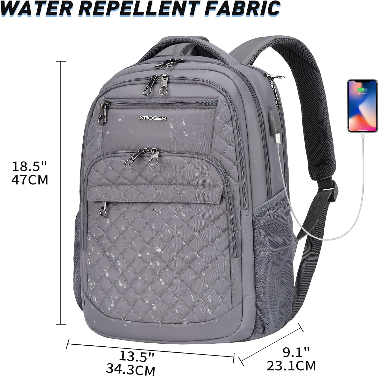 KROSER Travel Laptop Backpack 17 Inch Large Computer Backpack Water-Repellent Daypack with USB Charging Port & Headphone Interface RFID Pockets for Work/Business/College/Men/Women Dark grey(Quilted)