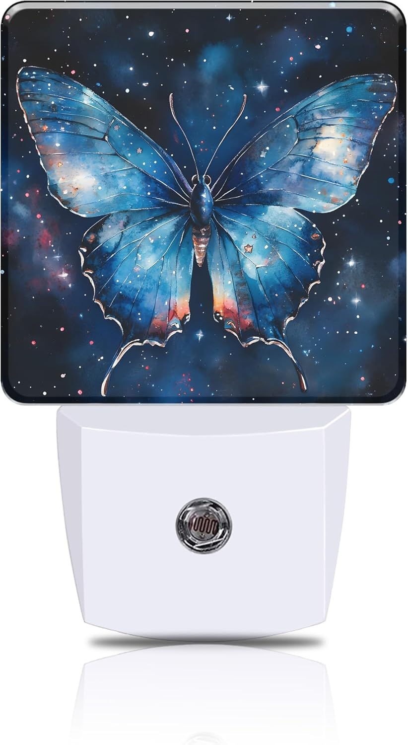 Night Light Blue Butterfly in Starry Sky Night Lights Plug into Wall Smart Dusk to Dawn Sensor 0.5W Energy Efficient Led Lamp for Men Women Bedroom Bathroom Hallway Stairway Decor