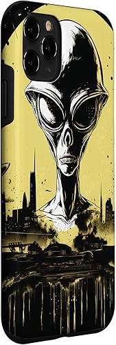 Vista 24 de iPhone 14 Pro Cute Green Alien Head UFO Space Face Alien Case