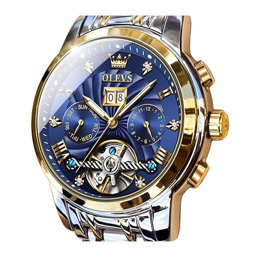 OLEVS Men Automatic Watch Skeleton 5 Hands Mechanical Classic Luxury Multi Calendar Stainless Steel Waterproof Wrist Watch for Men