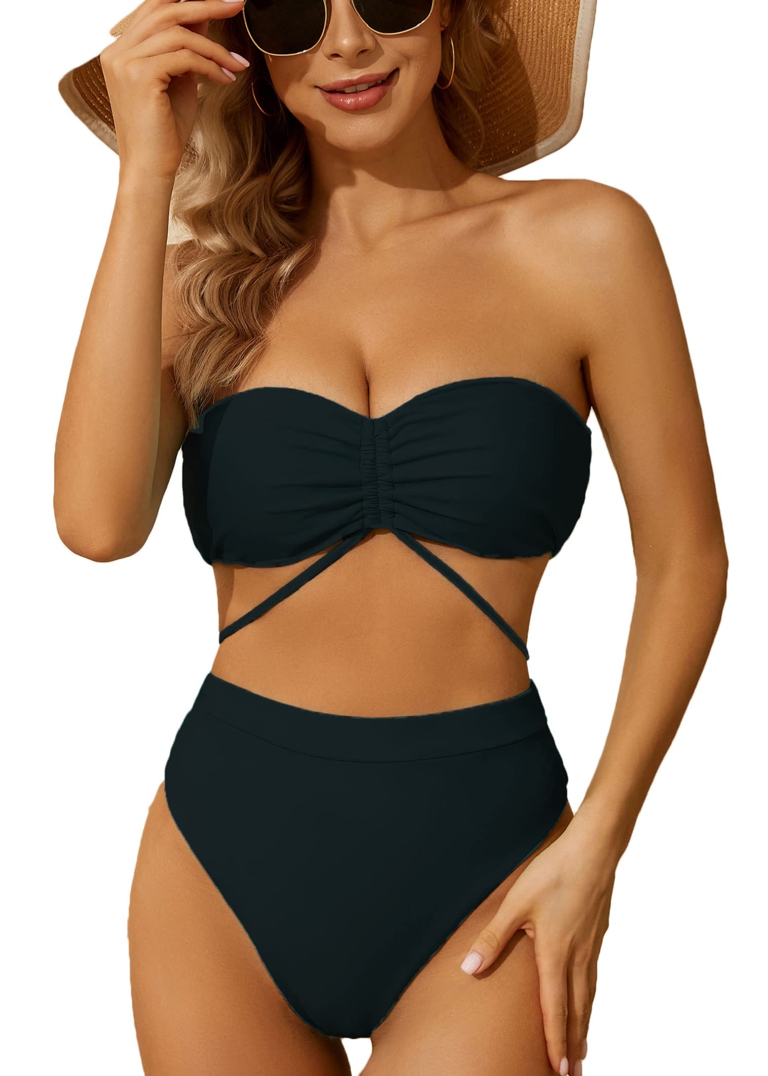 Yutdeng Bikinis Mujer Braga Alta Push Up sin Tirantes con Relleno Bikini Bandeau con Cordón Bañadores Mujer Natacion Tanga Bikini Brasileño Biquini Trajes de Baño Dos Piezas
