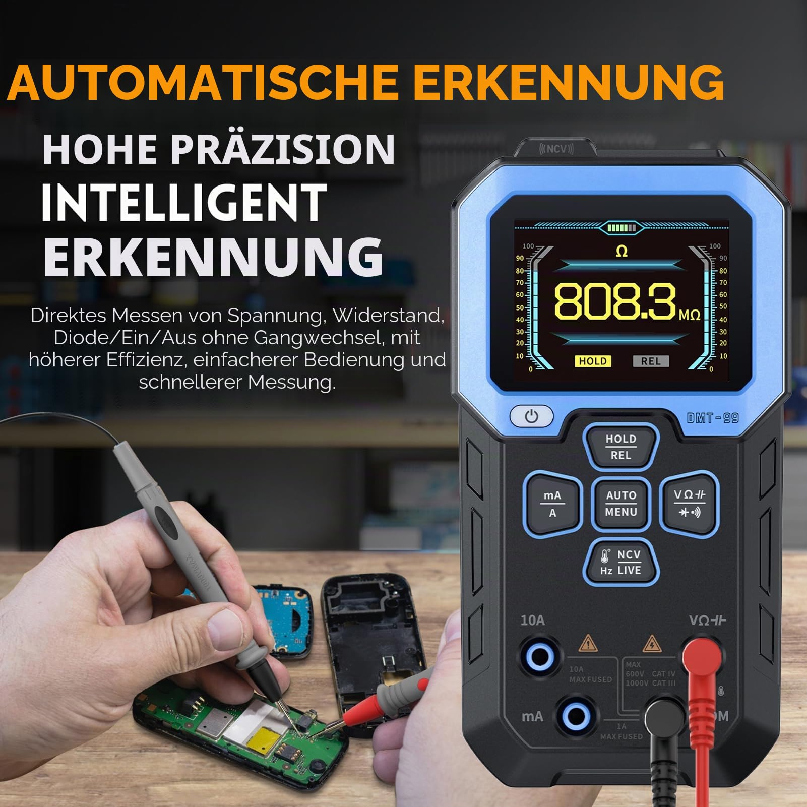 Digital Multimeter, Multifunktionales Multimeter Intelligentes Voltmeter 10000 Zähler Automatische Diagnose Spannungsprüfer Misst AC/DC Voltage Widerstand（DMT-99）