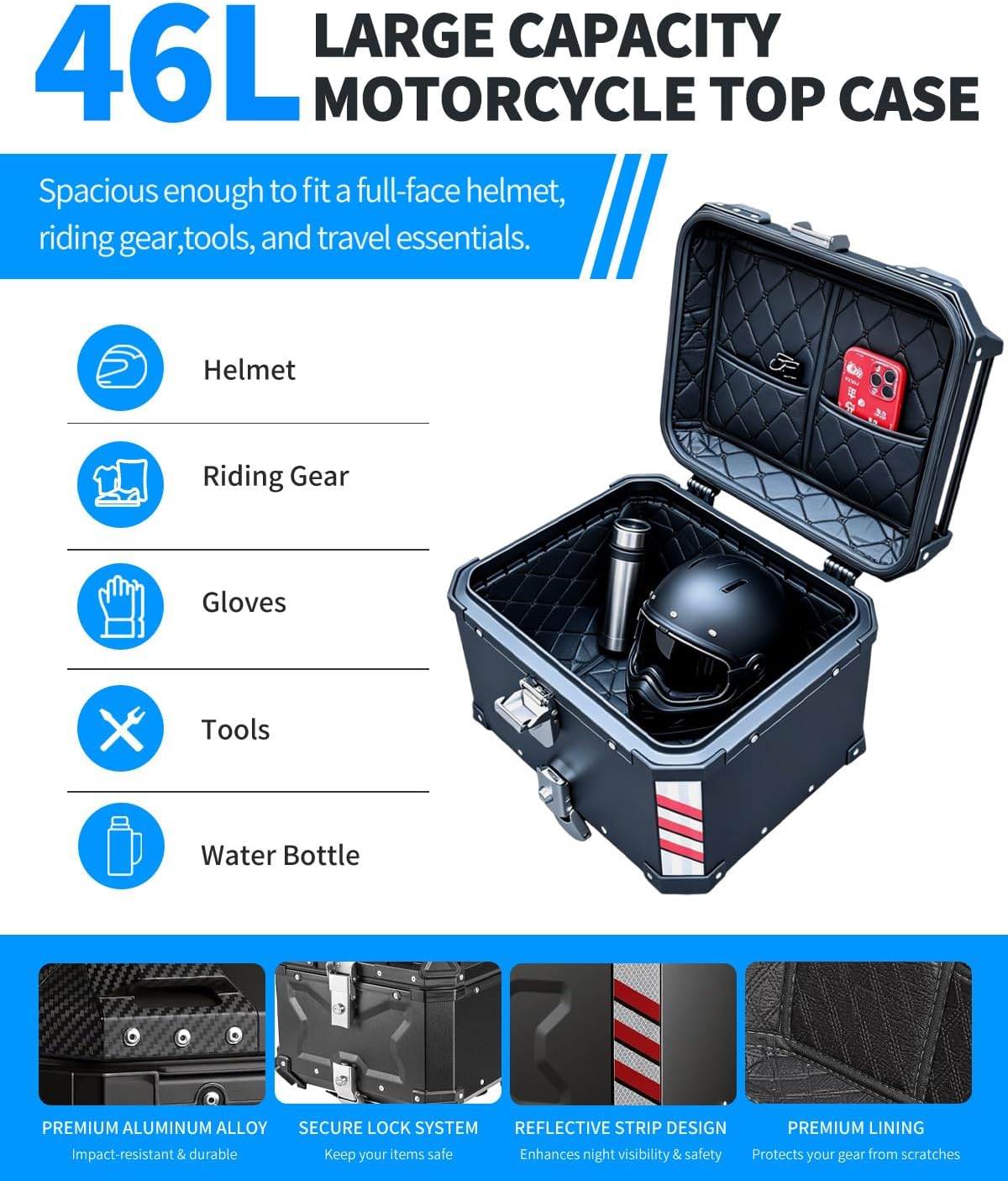 46L Motorcycle Top Case Aluminum Waterproof Motorcycle Top Box Lock image 2