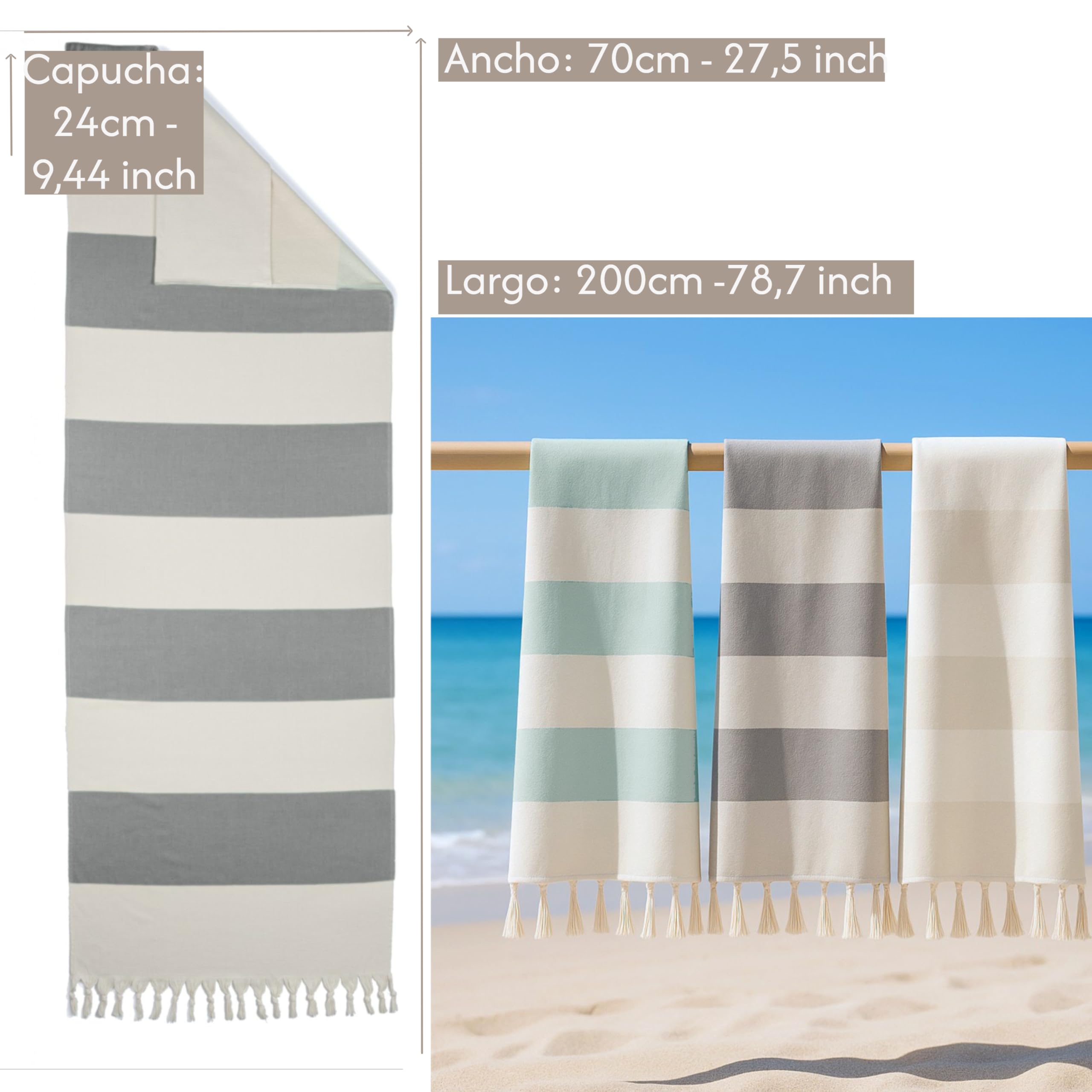 Toalla para tumbona - 200 x 70 cm - Con capucha - 100 % algodón - Funda para tumbona de jardín, tumbona - Con sobrecubierta - Funda para tumbona de playa (marrón)