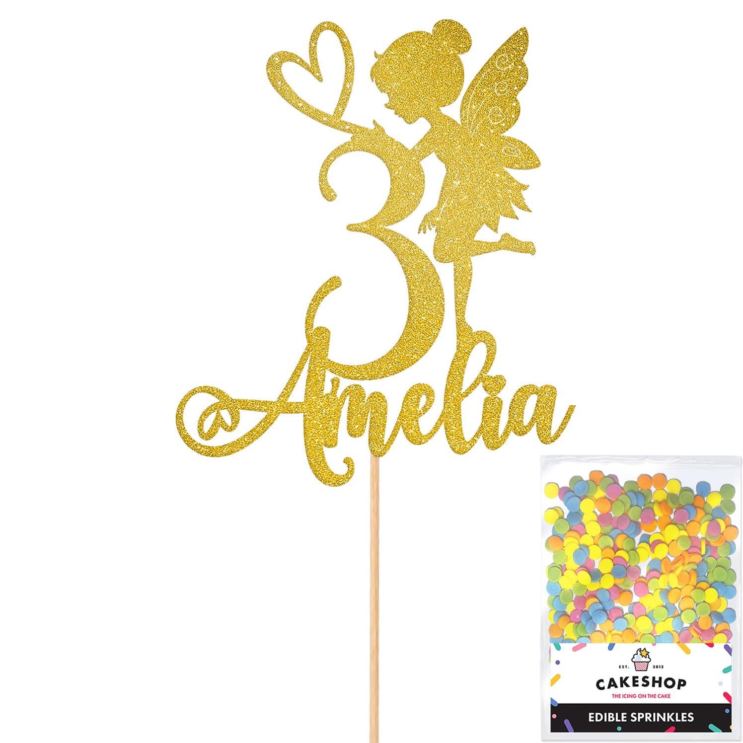 Personalised Fairy Gltter Cake Topper- Gold Any Custom Name & Age Glitter Cake Decoration and Sprinkles - Happy Birthday Decorations - Personalised Toppers for Cakes by Cakeshop — image 1