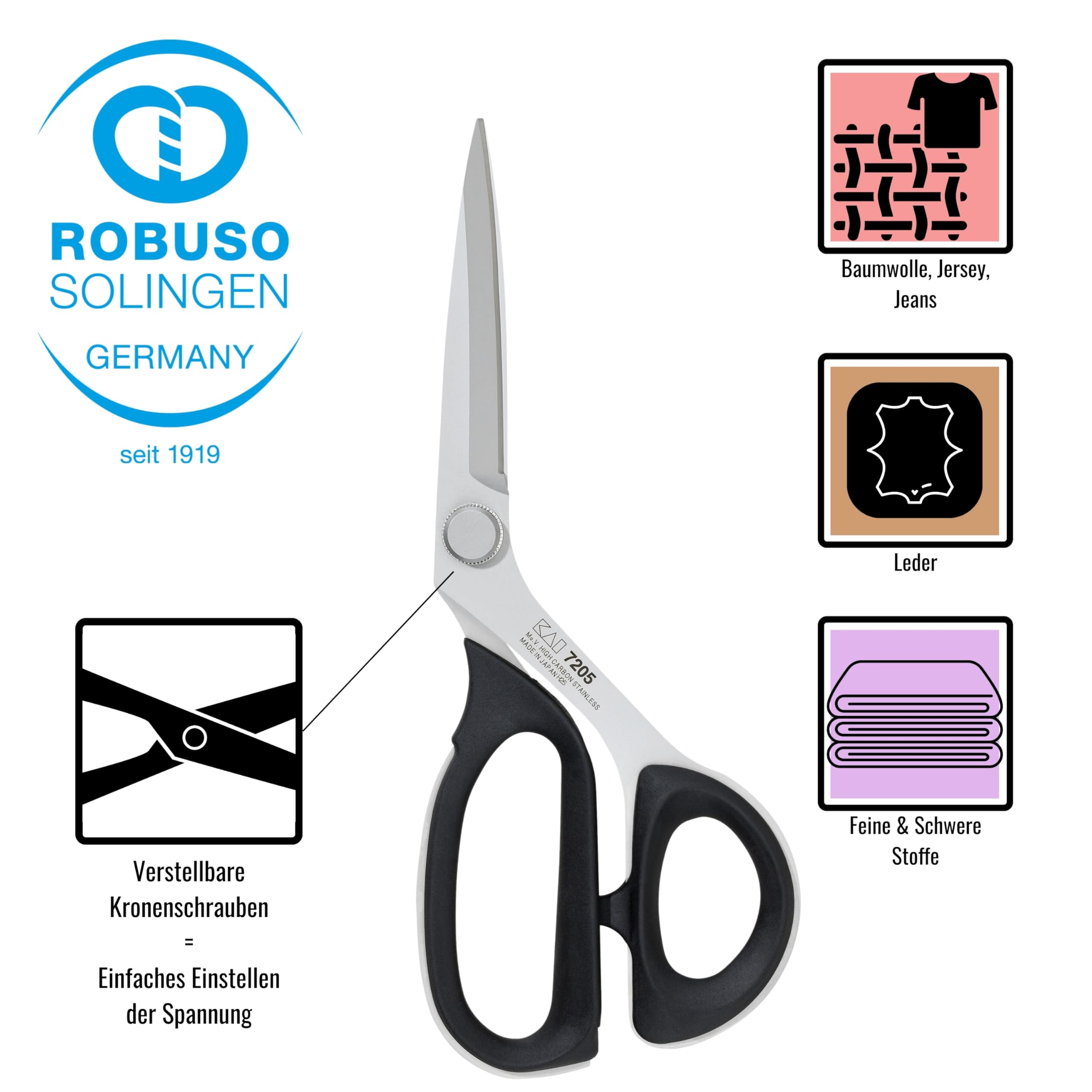 ROBUSO KAI 7205 Schneiderschere | Kleine Stoffschere für die Frauenhand | High-Tech Schere aus Japan | 21,0 cm - 8,0" | Edelstahl Rostfrei | Vollgummierte Griffe