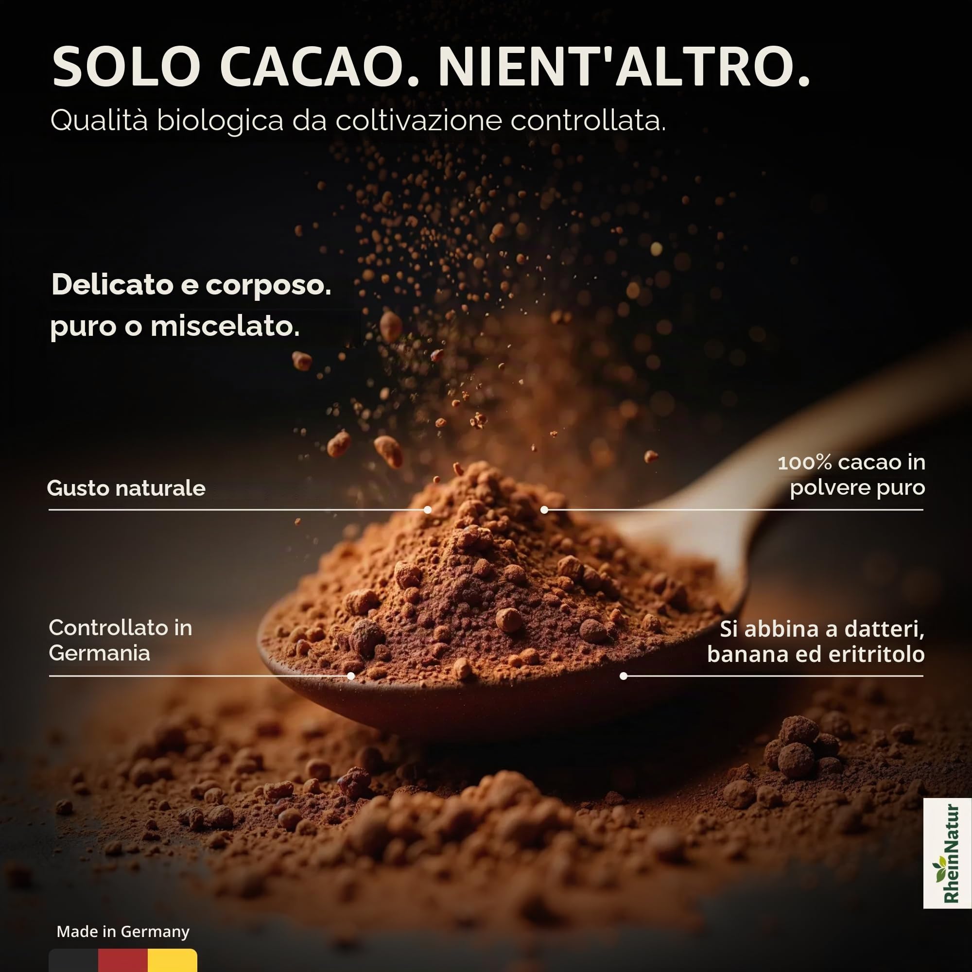 RheinNatur Polvere di cacao biologica, 1 kg, 100% cacao biologico, non zuccherato e senza additivi, ideale per la cottura, per cioccolate calde e frullati, sacchetto da 1000 g