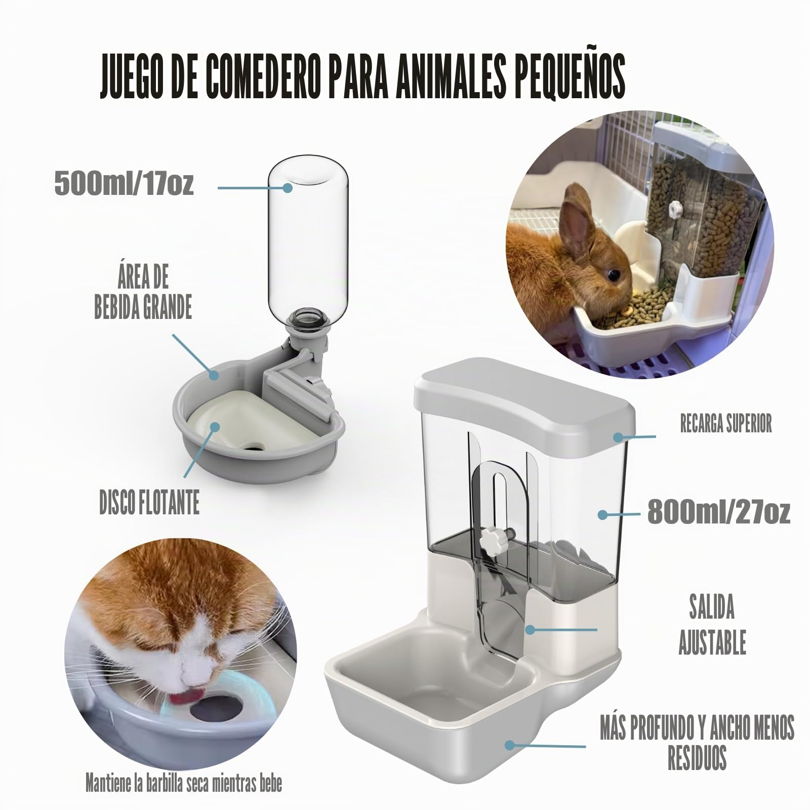 Dispensador Automático de Comida y Agua para Mascotas, Juego de Bebedero de Gravedad para Perros, Gatos, Conejos, Cobayas, Chinchillas, Hurones, Erizos (Gris)