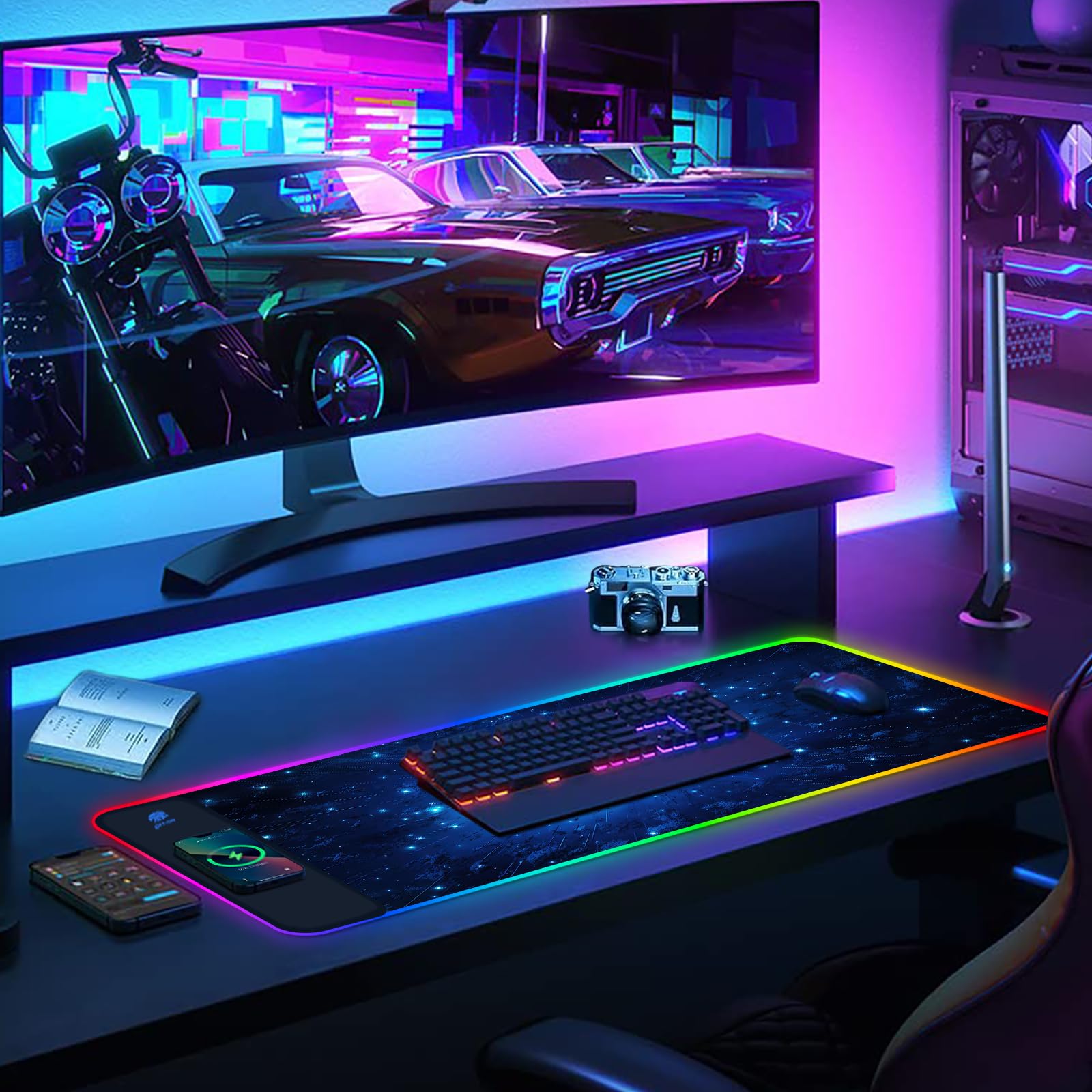 AIMSA Alfombrilla de mouse RGB para juegos con carga inalámbrica, alfombrilla de mouse grande con 14 modos de luz LED, base de goma antideslizante, almohadilla de escritorio impermeable para