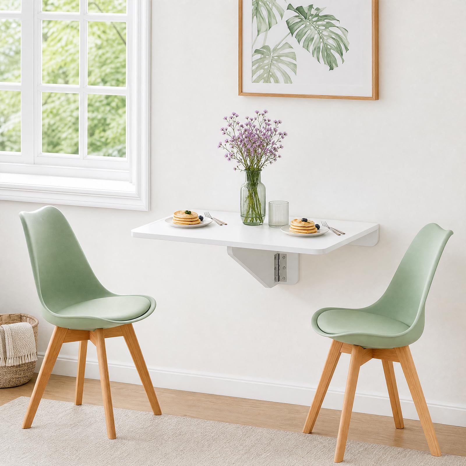 Klapptisch mit 2 Eiscreme-Grün Stühlen, Tischgruppe 60x40 cm, Weiß | Essgruppen Wandklapptisch Wand, Platzsparend, 50 kg, für Kleine Räume und Balkon Küche, 2 Eiscreme-Grün Stühlen