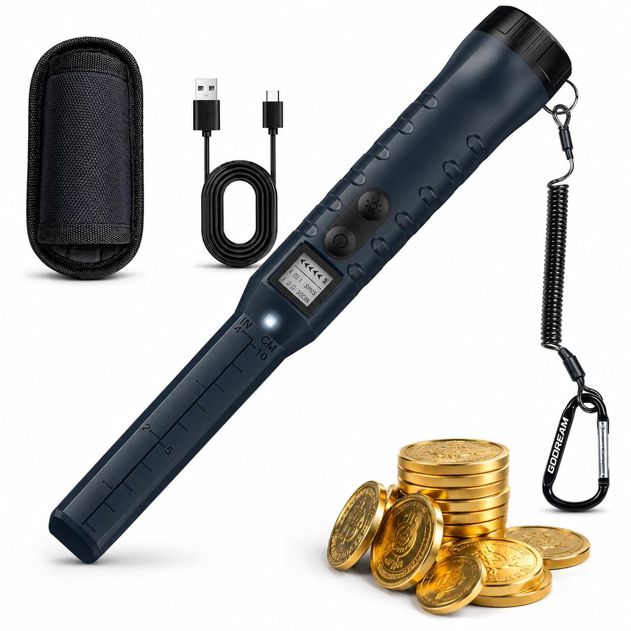 Pinpointer detector de metales para adultos, varita de puntero recargable de mano con pantalla LCD, IP68 totalmente impermeable para uso bajo el agua, alta sensibilidad de 360° y 3 modos de alerta
