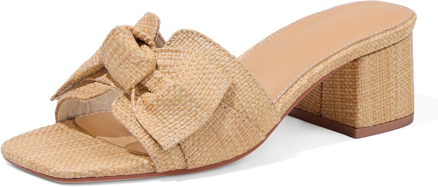 Erocalli Heeled Sandals for Women Raffia Sandals Chunky Block Heels Square Toe Summer Mules Slip On Dressy Sandal Low Short Heels With Bow