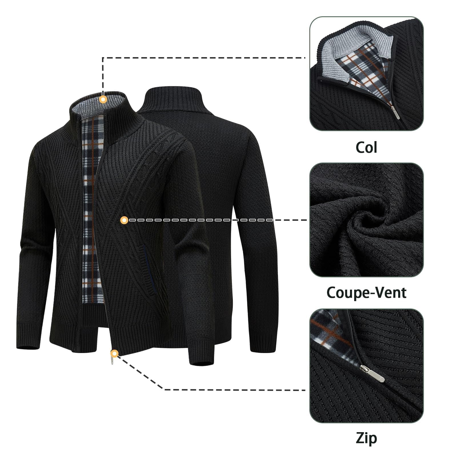 KUDORO Cardigan Gilet Homme Pull Homme Cardigan en Tricot Chandail Homme Zippé Chaud Slim Fit Épais avec Col Montant Tricot Décontractée Polaire Men Sweater Mode Vest