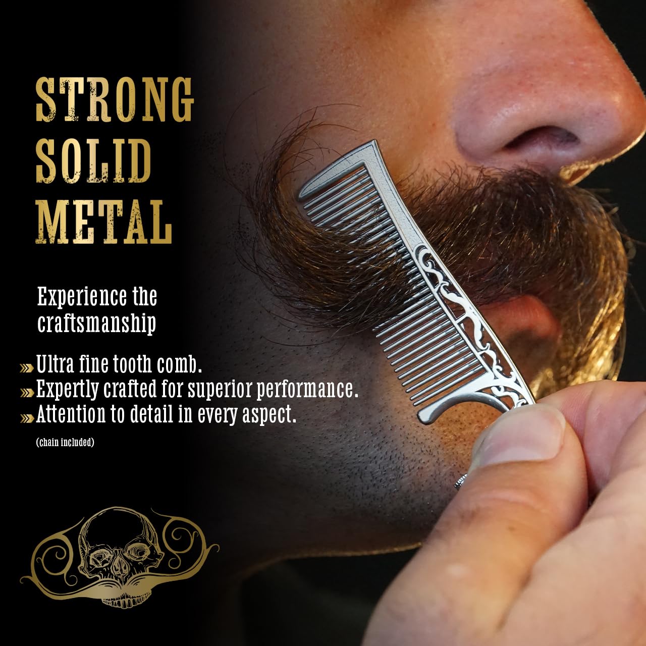 Peigne à moustache sur chaîne en acier inoxydable – Peigne double face pour homme, dents fines et larges pour un style précis de moustache – Durable, compact, facile à transporter, outil de toilettage