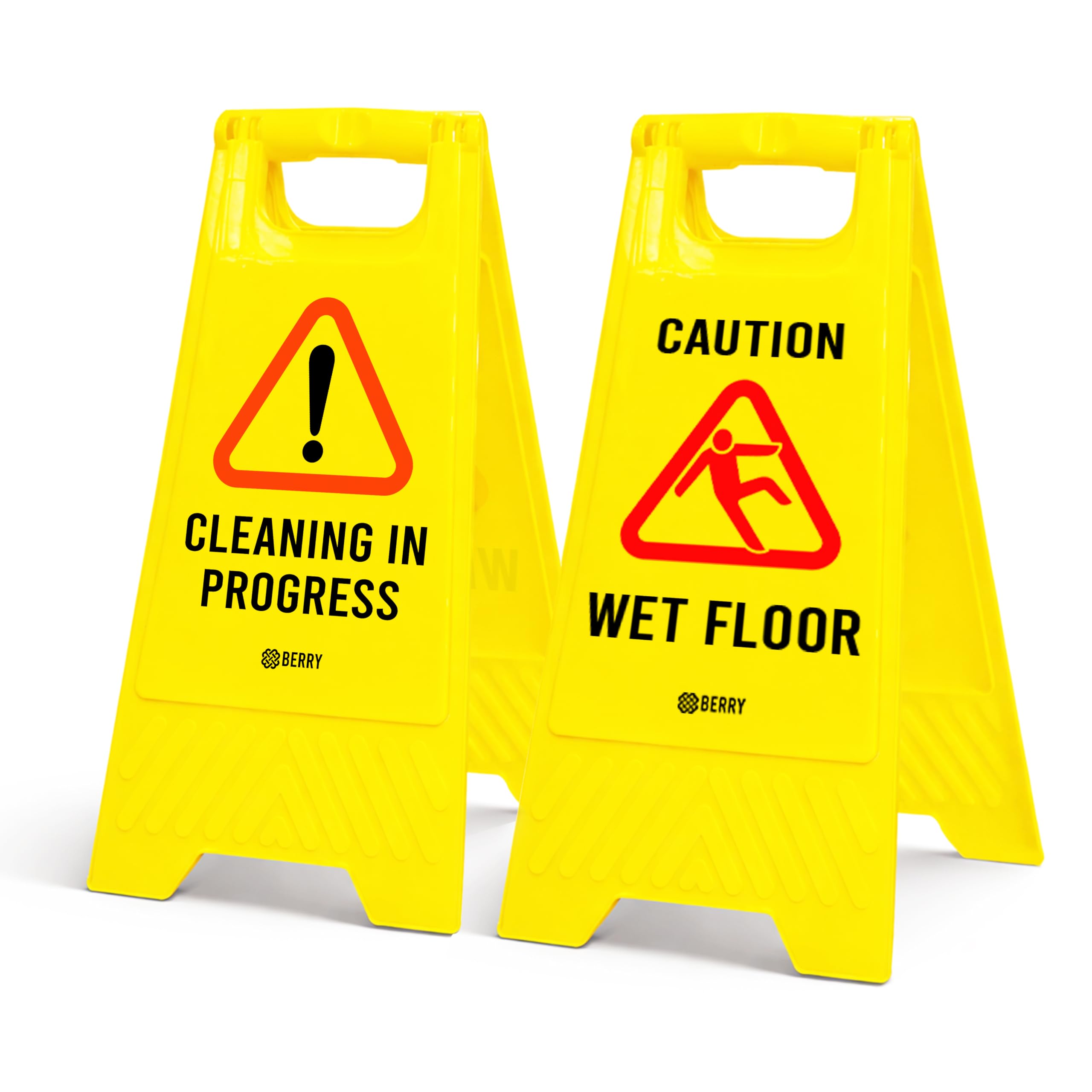 Berry Caution Wet Floor Sign Yellow | Cleaning in Progress Floor Sign Type A Foldable | 2 in 1 Double-Sided Free Standing Slippery Warning Sign for Shops, Hotels, Restaurants & Malls - Set of 2