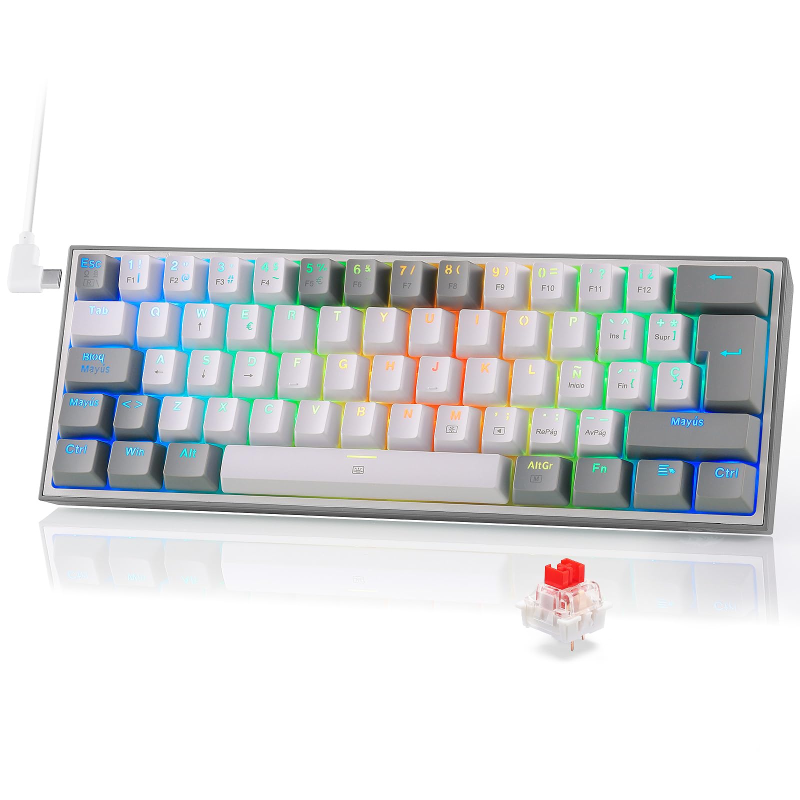 Redragon K617 Fizz 60% Disposición QWERTY ES Teclado Gaming, LED Iluminación Teclado para Juegos con Cable USB-C, Teclado Ultra-Compacto 62 Teclas, Hot Swap interruptores Rojos- para PC/Windows